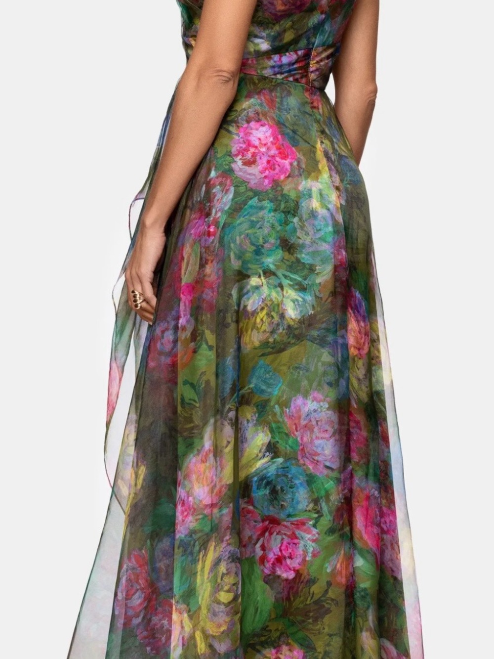 Xscape One-Shoulder Floral Maxi Dress in Green and Pink - Picture 3 of 7